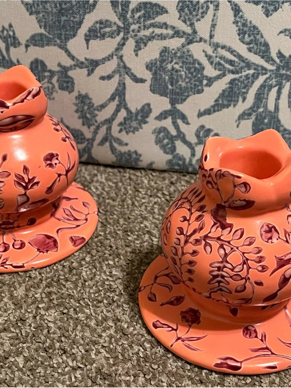 Anthropologie Floral Ceramic Candle Holders in Coral (Set of 2)
